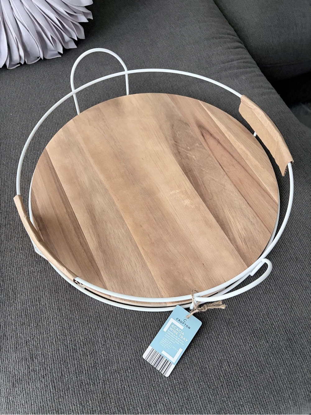Croton Acacia Wood Tray with White Metal Wire Frame 16 inches wide
